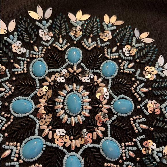 Victor Costa Women's Top Size L in Black with Faux Turquoise Beads Sequin Decor - Picture 3 of 6